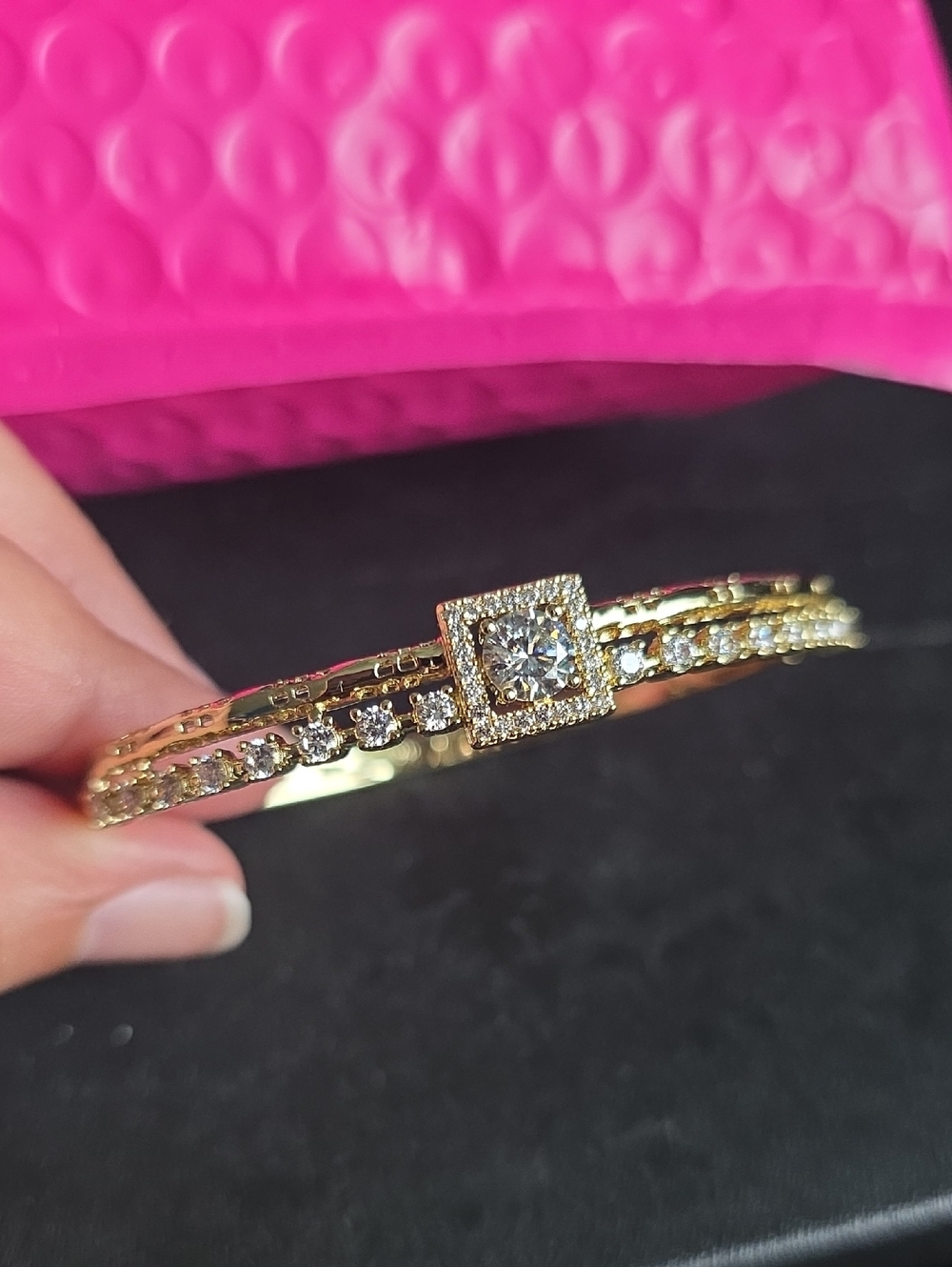 14k Gold Plated Crystal Square Center Women's Bracelet